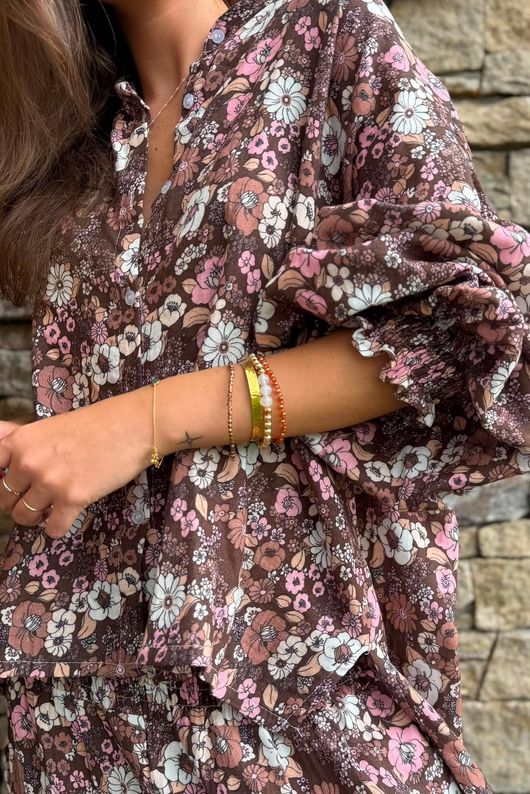 Daughter Of Ibiza Lovechild Balloon Sleeve Shirt Chocolate & Rose 